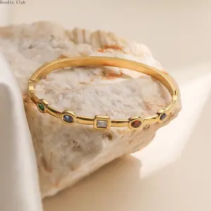 Women's 18K Gold-Plated Stainless Steel Cubic Zirconia Bangle Bracelet - Vintage Minimalist, Waterproof, Hypoallergenic, Stackable DIY Bag Accessory for Daily Use & Gifting