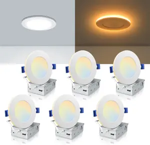 6 Pack 4 Inch 5CCT LED Recessed Lighting with Night Light, 2700K-5000K Selectable Ceiling Downlight, 9W 750Lm, Dimmable Recessed Wafer Light, FCC & ETL Listed