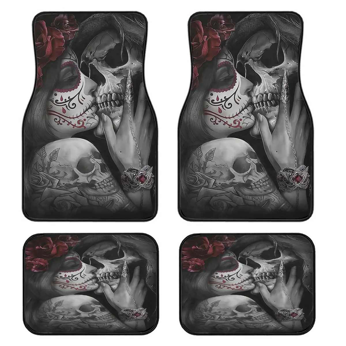 4-Piece Skull Print Car Floor Mats Set, Universal Fit, Crystal Velvet, Full Coverage, for Sedan, Truck, Suv, Car Interior Accessories