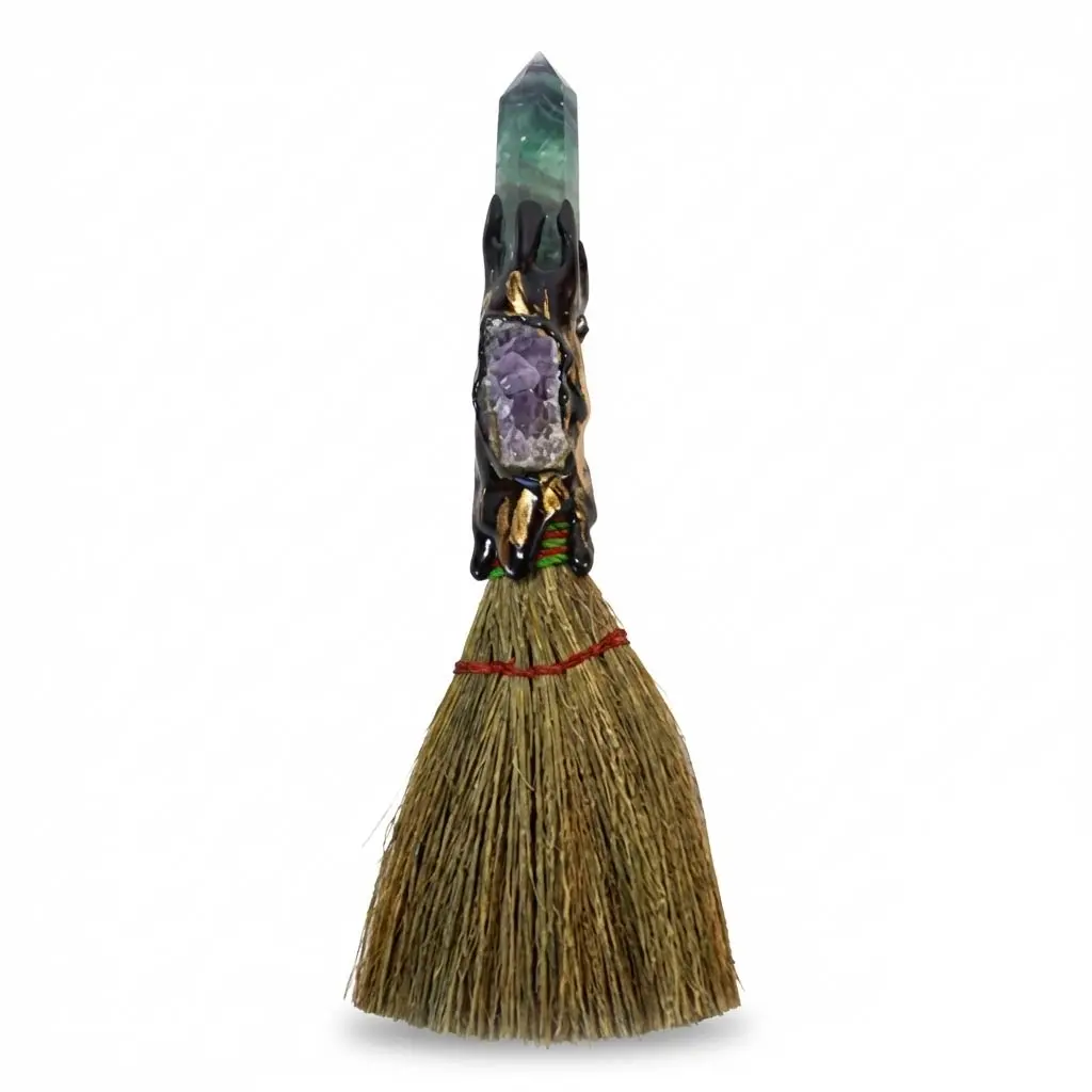 Amethyst &amp; Fluorite Crystal Broom — 7" Altar Besom for Clarity
