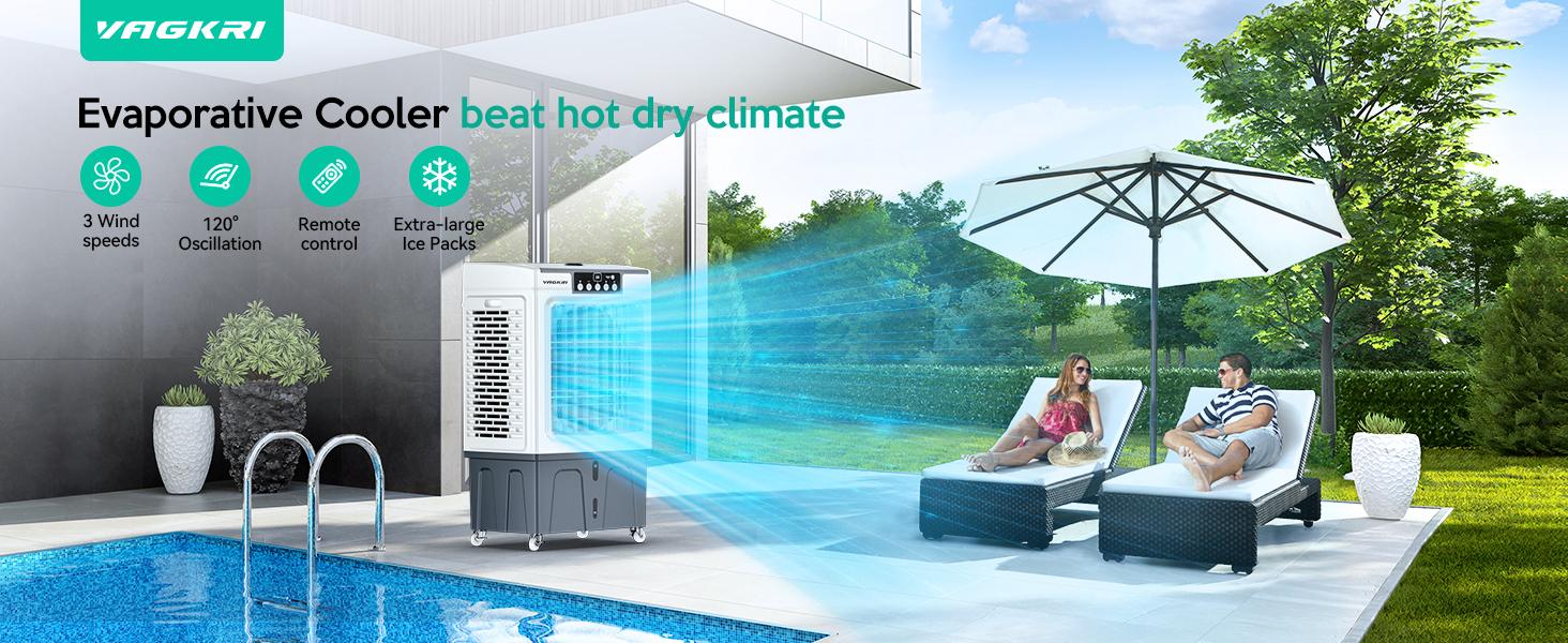 Evaporative Air Cooler,  VAGKRI 9.2Gallon-12Gallon, 120°Oscillation Air Cooler with Remote Control, 24H Timer, 3 Modes & Wind Speeds for Outdoor Indoor Use, 2100-3000CFM Swamp Cooler #SummerVibes