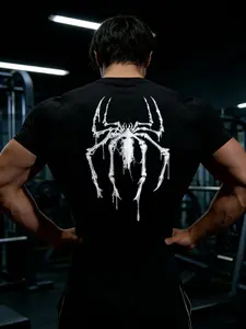 Men's Summer Compression Short Sleeve Design Y2K Spider Print Breathable Quick Dry Tight Fit Gym Shirt, Fitness Shirt, Running Training Sports Top