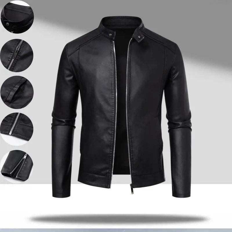 Men’s street tough stylish PU leather jacket with a stand collar, motorcycle style slim fit featuring a metal zipper front, shoulder line cut, and side pocket openings—ideal for everyday commuting and casual wear. fathersdaygift summerwins