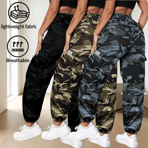 Lightweight Women Camo Multi Pocket Work Pants, Drawstring Elastic High Waist Loose Breathable Ankle Tie Casual Bottoms, Soft Thin Outdoor Sports Camouflage Trousers, Versatile Daily Commute Womens Wear