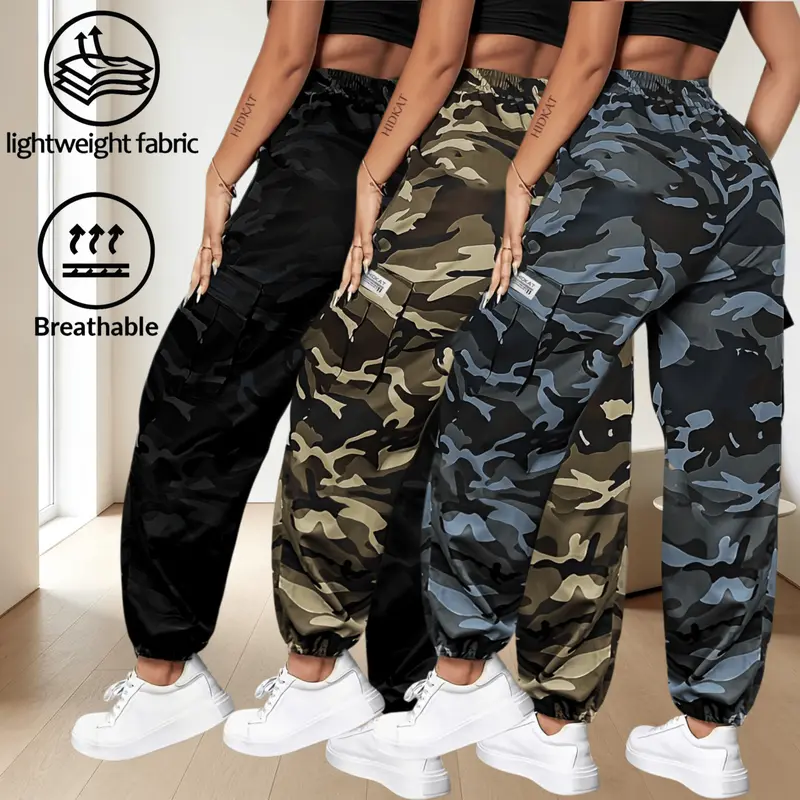 Lightweight Women Camo Multi Pocket Work Pants, Drawstring Elastic High Waist Loose Breathable Ankle Tie Casual Bottoms, Soft Thin Outdoor Sports Camouflage Trousers, Versatile Daily Commute Womens Wear