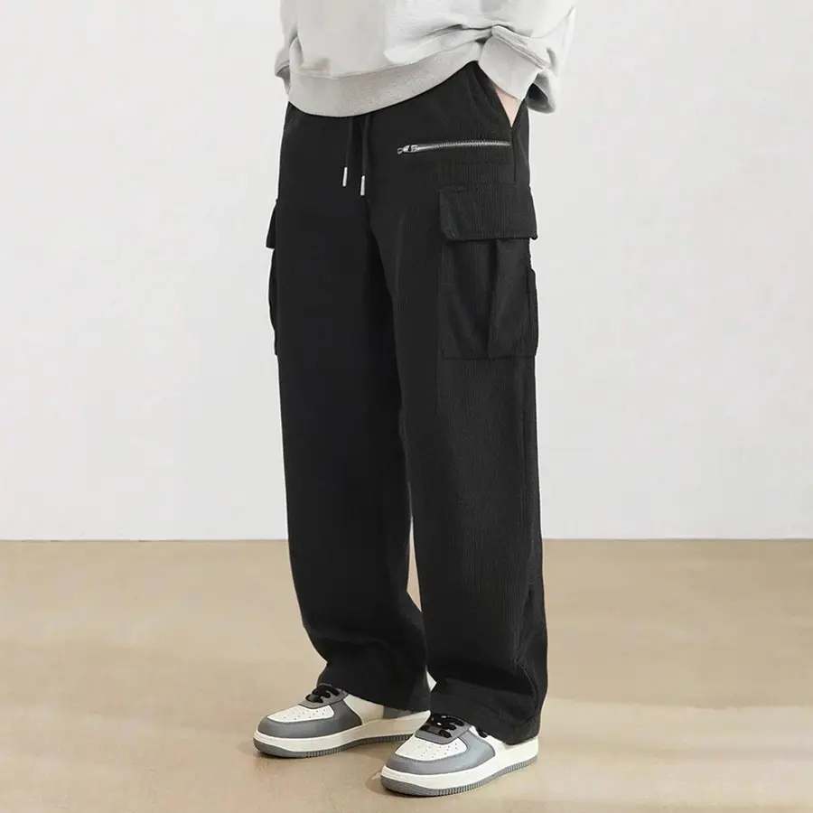Manfinity EZcore Loose Fit Men's Cargo Trousers With Flap Pocket, Drawstring Waist Long Plain Black Going Out Pants, Fall
