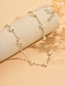 Women's Handmade Starfish Necklace - Female Stainless Steel Long Chain, Link and Beaded Details, Non-Tarnish Minimalist Coastal Jewelry for Vacation, Daily Wear
