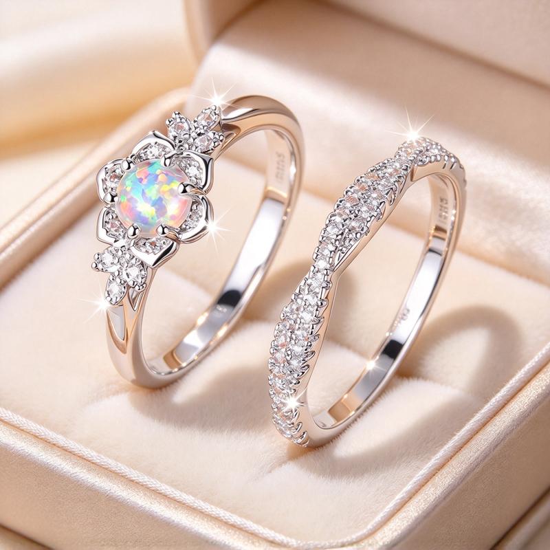 Women's 2-Piece Flower Motif Created Opal Stackable Ring Set - Halo Accent Stone, Shiny Finish Full Paved Matching Rings, Opal Glow Stack Gift for Wedding Party, Valentine’s Day