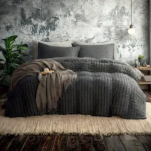 Seersucker Textured Bedding Set, Luxuriously Soft and Durable, Dark Grey‎