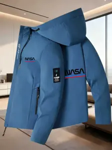 Men's Street Style Nasa Print Hooded Jacket, Fall & Winter New Premium Zip Pocket Coat, Versatile Casual Outdoor Sports Jacket