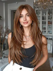 Wig, 26 Inch Layered Long Bangs, Women's Heat Resistant Fashion Casual Wig, Natural Looking Wig, Suitable for Daily Commuting, Heat Resistant Wigs, Straight Synthetic Wig, Synthetic Machine Wigs, Synthetic Fiber Wigs