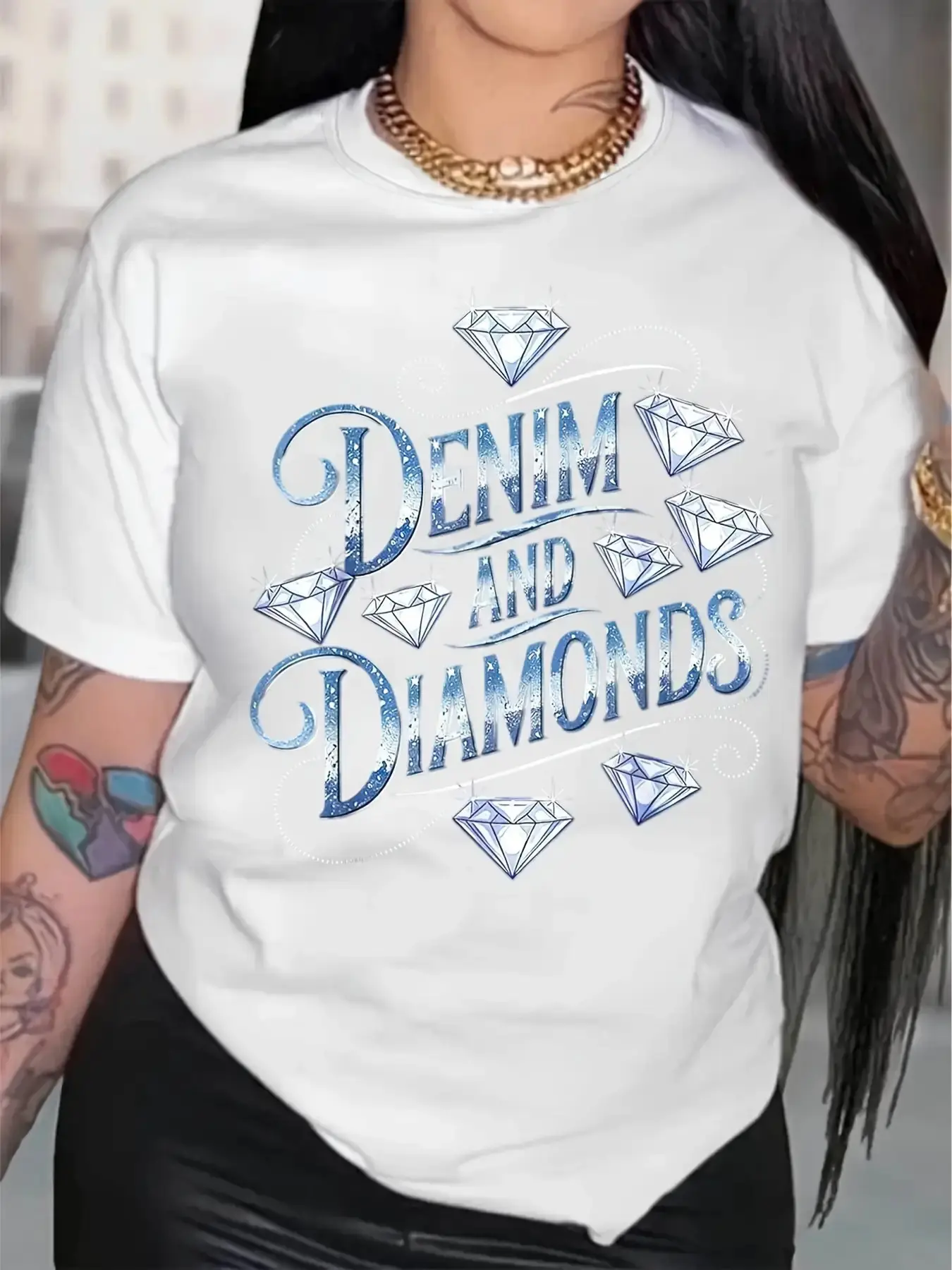 Women's Oversized Denim and Diamond Pattern T-Shirt- Vintage Blue Distressed Letters with Shiny Crystal-like Diamond Design, Round Neck Short Sleeve Casual Summer Beach Vacation Top, Comfortable Loose H-shaped Daily and Party Wear(No Padding, Can B
