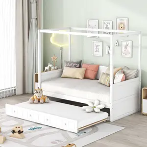 [Fahuac] Twin Canopy Bed with Trundle - Solid Pine Wood Frame, 500LB Weight Capacity for Bed & Trundle