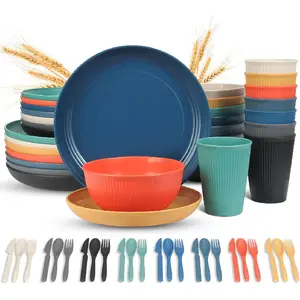 56 Piece Wheat Straw Dinnerware Sets, Service for 8, Unbreakable Reusable Dinnerware Set,Dishwasher & Microwave Safe Plates and Bowls Sets, for Apartment Essentials, Outdoor Camping, Colourful