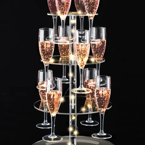 NiHome Sturdy 3-Tier Acrylic Champagne Tower with String Light - 12-Glass Hold Cocktail Tree Stand, Capacity-Enhanced Wine Rack for Weddings, Restaurant Dinners