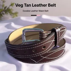 Chocolate Veg Tanned Gunslinger Belt with Silver Buckle and White Stitching for Stylish Outfits Western Leather Belt Western Cowboy Belt