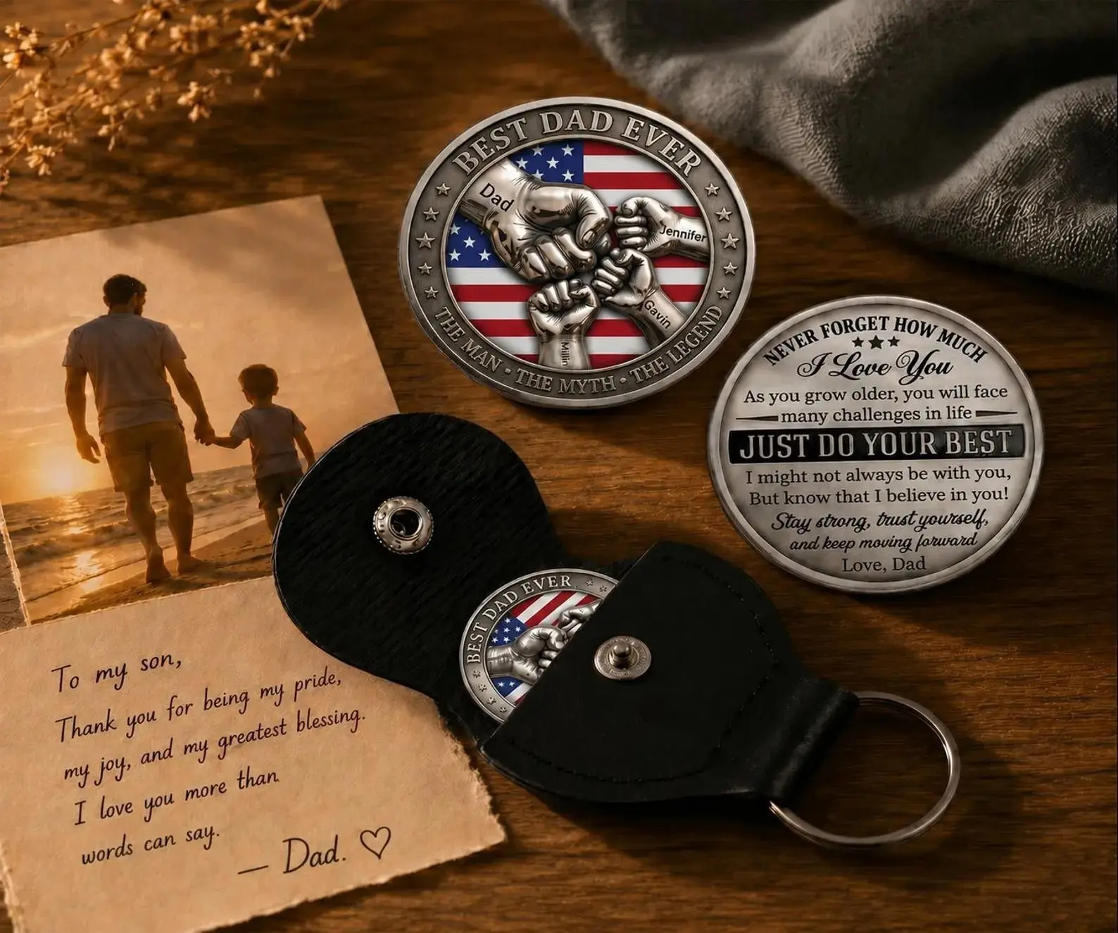 USA Flag Pocket Hug for Dad, Personalized Father's Day Gift, Engraved Token Keychain, Sentimental Keepsake, Unique Gift for Dad, Daddy Gift