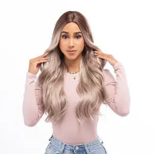 26-Inch Platinum Ash Blonde Ombré (Light Brown Roots) Wavy Synthetic Wig | 【Heat Resistant】【Cap Included】 | #17 FSGB