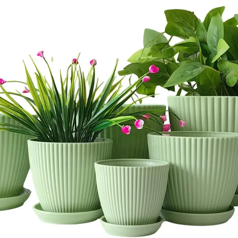 Plant Planters with Drainage Holes and Trays Pack of 6 Plant Pots 7.5/6.5/5.5/4.9/4.2/3.5 Inches Flowers Pots, Green