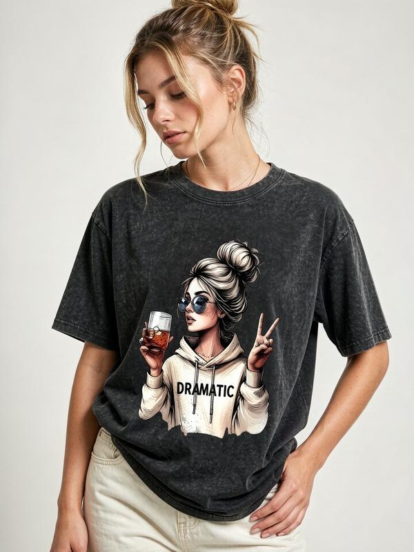 Women's Plus Size Acid Wash Premium Cotton Tee - Vintage Oversized Crew Neck Short Sleeve, Whiskey Sunglasses Graphic Print, Lightweight Curvy Fit Tops for Women, Beach & Casual Wear