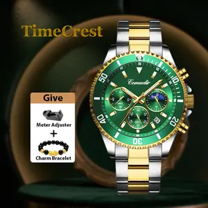 TimeCrest Men's Luxury Dress Watch, Green Dial, 40mm Stainless Steel Strap, Rotating Quartz Analog, Waterproof Luminous Large Dial Boss Wristwatch luminous hand Military Waterpoof Stainless Steel Watch packaging box