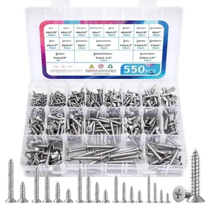 550 count 304 Stainless Steel  Screws Assortment Kit, Phillips Flat  Sheet Metal Screw Self Tapping Screws Set, #4#6#8#10#12  Assorted Screws, Length 1/4" to 1-1/2" (Flat  550 count)