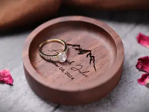 <Custom in Description> Personalized Wooden Ring Dish, Custom Engagement Ring Holder & Engraved Wedding Gift, Unique Anniversary Gifts for Her
