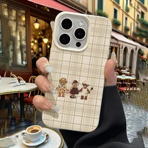 Three Bears Plaid Pattern Faux Leather Phone Case, Fits Apple iPhone 17 Pro Max Air 16promax 16plus 15 14 13 12 11 X XR, Thick Full Coverage Protective Anti-Drop Shockproof Protection