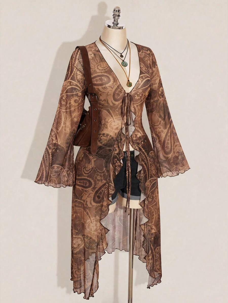 Plus Size Deep V-Neck Top Plant Print Asymmetrical Blouse for Concerts and Dinner Out