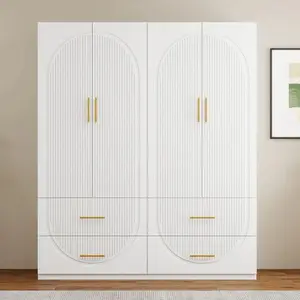 Modern 63 White Wardrobe with 4 Drawers, Hanging Space, Metal Handles, Large Storage for Bedroom