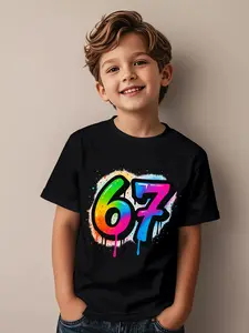 Number 67 Graphic T-Shirt with 6&7 Combination Print & 67 Splash Design - Round Neck Casual Birthday Party Outfit for, Summer Casual Attire (Number 67 Print)