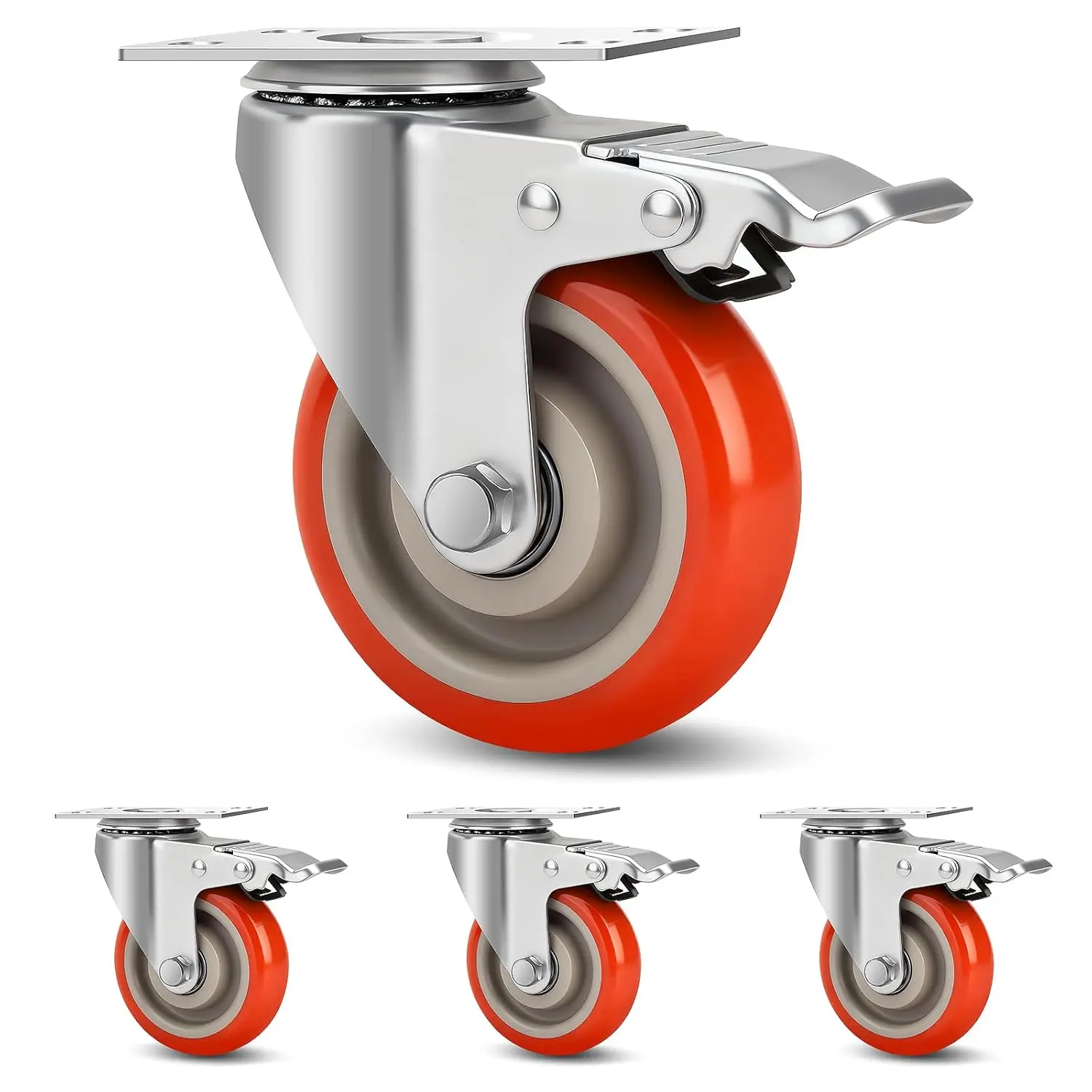 4 Inch Industrial Heavy Duty Swivel Caster Wheels with ,Set of 4 Safety Locking Casters,Load 2000lbs, Polyurethane Wheels for Table,Trailer, Table,Stage Toolbox,Bed,Corn Board