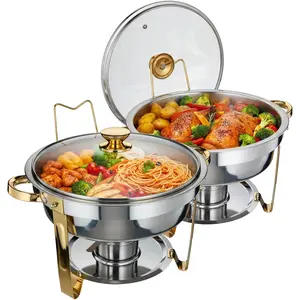 2/4 Pack Round Chafing Dish 5 QT, Stainless Steel Buffet Server with Transparent Lid & Fuel Holder, Gold Chafer for Party Wedding Restaurant