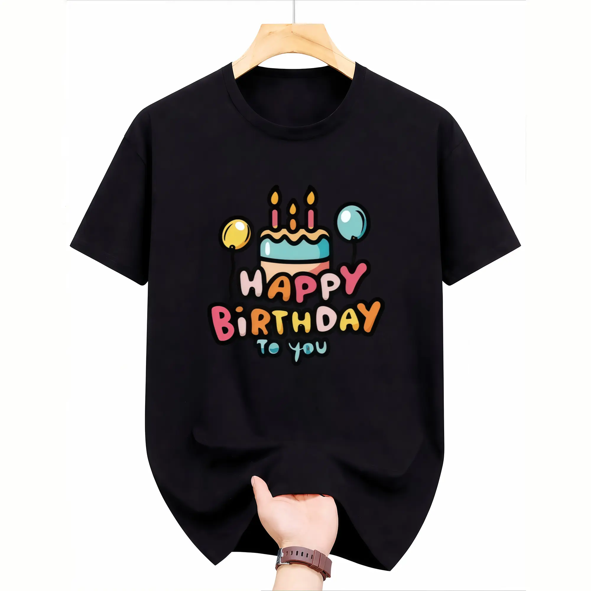Women'S Happy Birthday T-Shirt with Cake Balloon Print And "Happy Birthday to You" Lettering - Short Sleeve Round Neck Blouse Suitable for Birthday Party Outfits, Spring Summer Fall Casual Wear, Machine Washable Non-Top