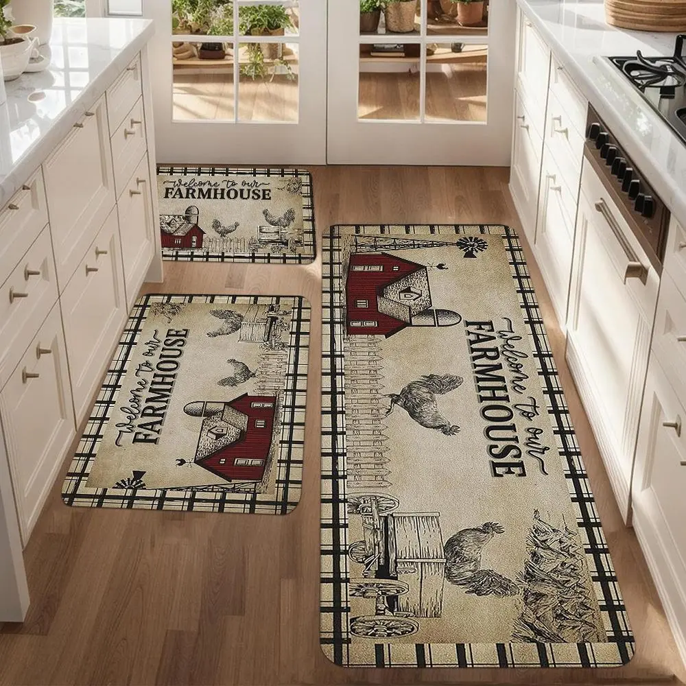 Set of 2/3 Kitchen Rugs Featuring a Vintage Farm Rooster Design, Machine Washable, Handcrafted Polyester Mats Suitable for Bedroom, Living Room, Dining Room, Kitchen, Bathroom, And Entryway