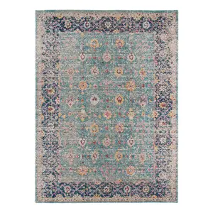 HomeRoots 532122 5 x 7 ft. Floral Power Loom Rectangle Area Rug with Fringe, Teal Blue