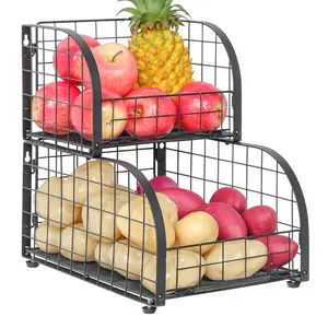 2 Tier Fruit and Vegetable Basket Stackable Countertop Organizer for Potato Onion Storage Wall-mounted Kitchen Wire Storage Baskets Stand Bins for Pantry Cabinet, Black