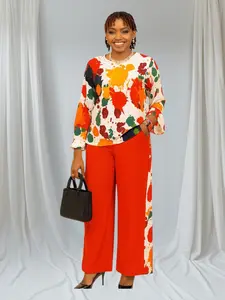 CRZ Crepe Fabric Abstract Bloom Two-Piece Set Top and Pant Trouser Detailed Side Design