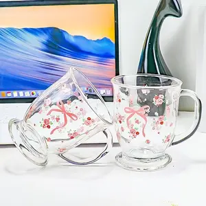 Flower & Bow Pattern Glass Coffee Cup, 1 Count Washable Reusable Glass Mug with Handle, Thickened Glass Drinking Cup, Multipurpose Breakfast Cup for Milk, Coffee, Juice, Coffee Cup Saucer, Durable Glass Cup, Water Glass Cup