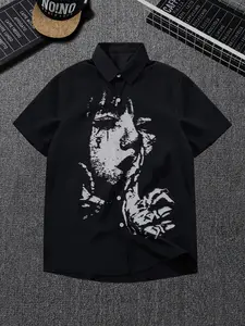 Portrait Graffiti Print Short Sleeve Shirt, Dark Style, Unisex Loose Fit Casual Open Front Jacket, Preppy Letters Pattern