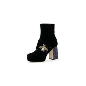 Pre-owned Gucci Women's Soko Bee Platform Boots Velvet by Rebag