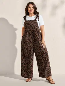 BLOOMCHIC Leopard Print Shirred Light-weight  Oversized Shoulder Ties Jumpsuit - Fitted Sleeveless Square Neck Casual Overalls with Side Seam Pocket for Women - Womenswear Stretch Coveralls