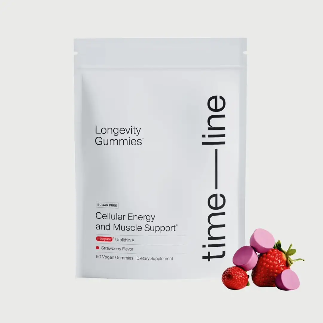 Timeline Mitopure Urolithin A Gummies - Clinically Proven for Energy Muscle Strength & Cellular Renewal - Sugar-Free Vegan Strawberry Flavor - 60 Gumm
