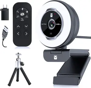 Zoomable Webcam with Remote Control, 1080P 60FPS Streaming Webcam with Adjustable Ring Light and Tripod, Pro USB 5X Digital Zoom Webcam for Zoom/Skype Teams/Laptop/ Windows