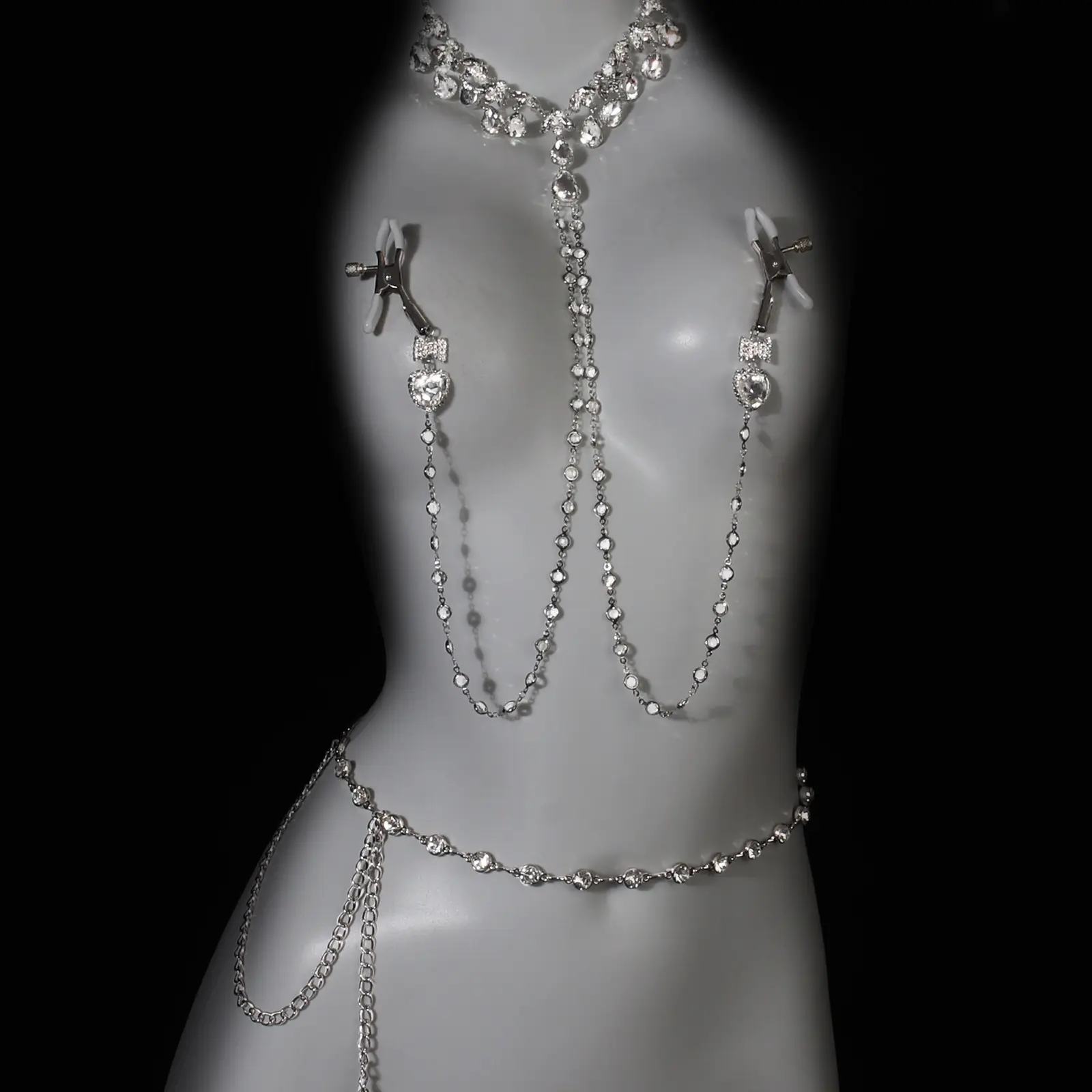 Women Rhinestone Bow & Heart Pendant Body Chain Set, Sparkly Chest & Waist Jewelry for Party Nightclub Beach Stage Outfit