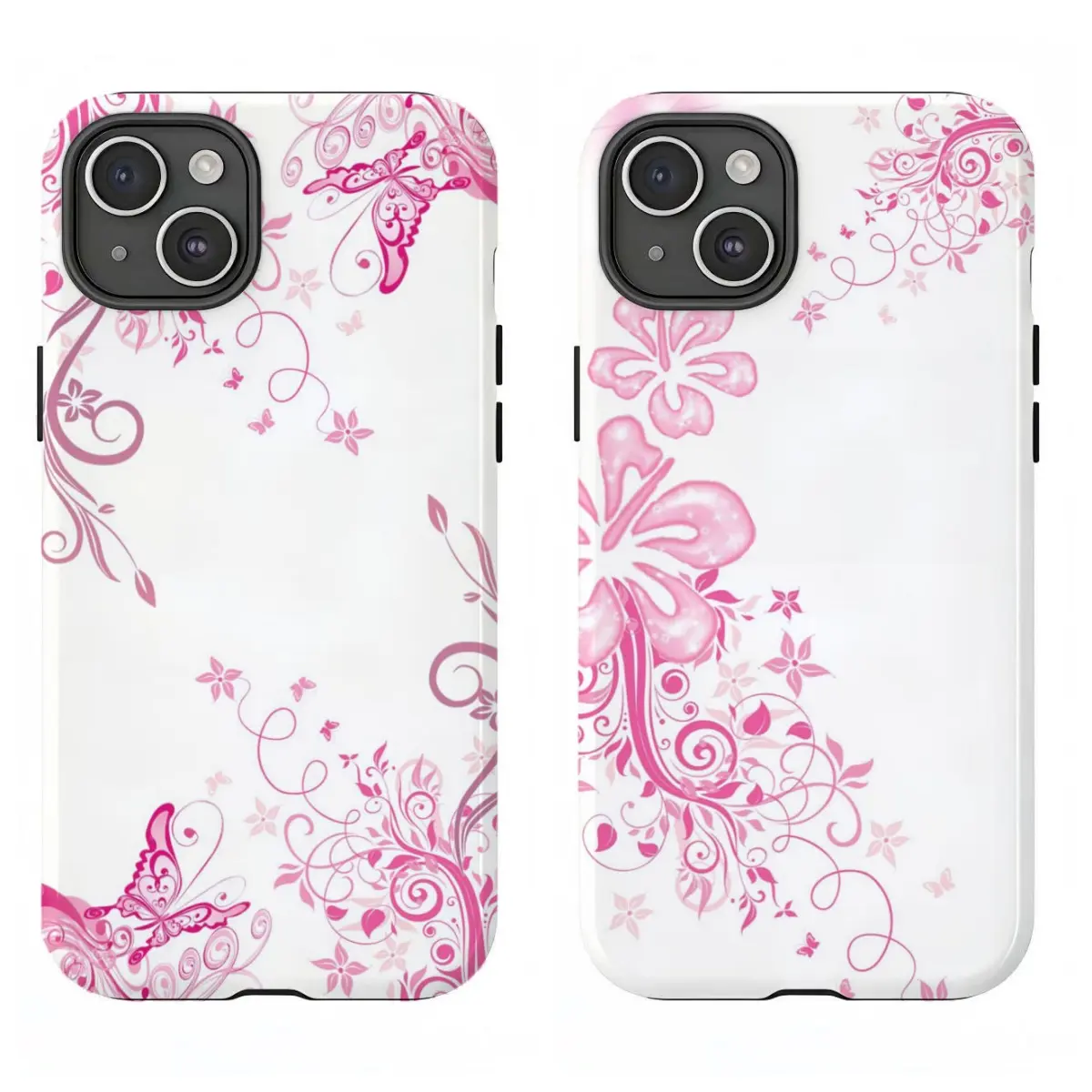 Elegant Pink Floral Butterfly Phone Case|Butterfly & Hibiscus Decor Shockproof Case For iPhone 17 Pro Max 16 15 14 13 12 11 for Samsung S21 S22 S23 S24 S25 S26 Phone Case|Tough Phone Case|gift for him for her|Best Gift