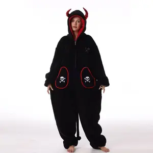 Halloween Devil Onesie Loungewear, Thickened Fleece Hooded Sleepwear, Cozy Fall Winter Pajamas, Perfect for Home Relaxation