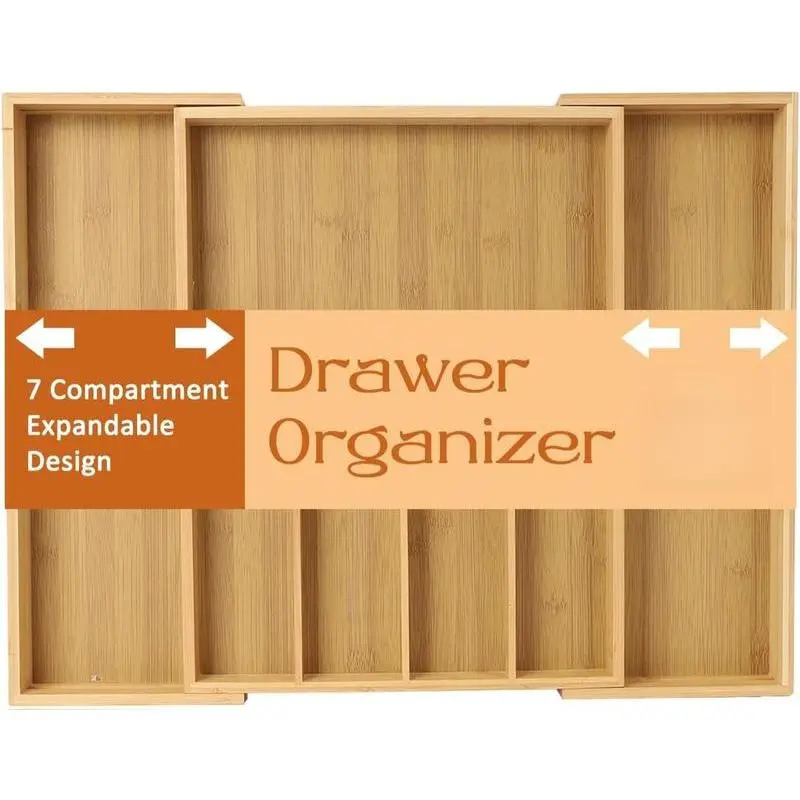 Eco-Friendly Bamboo Expandable Rectangle Drawer Organizer - 13.12"-22.13" Expanding, 5-7 Adjustable Slots, 1.54" Deep, Compartmentalized Single Unit for Bedroom Drawers, Bridal Shower Gift, Natural Finish for Household Users