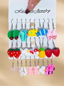 Cute Cartoon Earrings Set for Girls, 10pcs-30pcs Fruit & Animal Designs, Fun Jewelry Accessories for Women & Kids