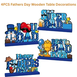 4PCS Fathers Day Wooden Table Decorations, Super Dad Centerpieces Party Table Decor Father Day Gift